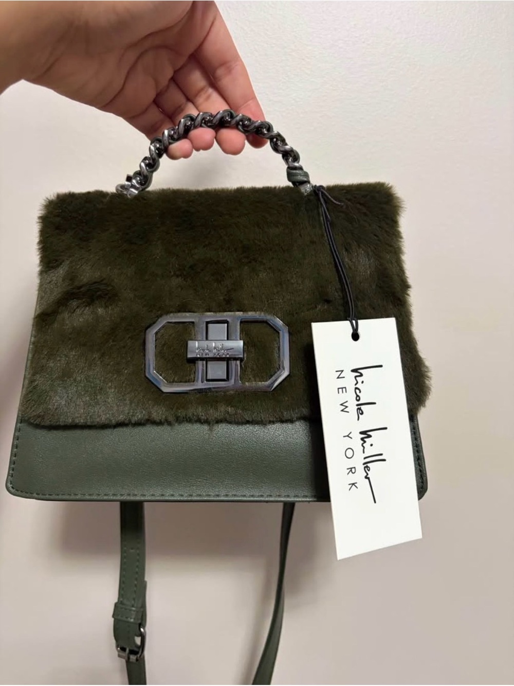 Olive Green Faux Fur Top Handle Crossbody Bag